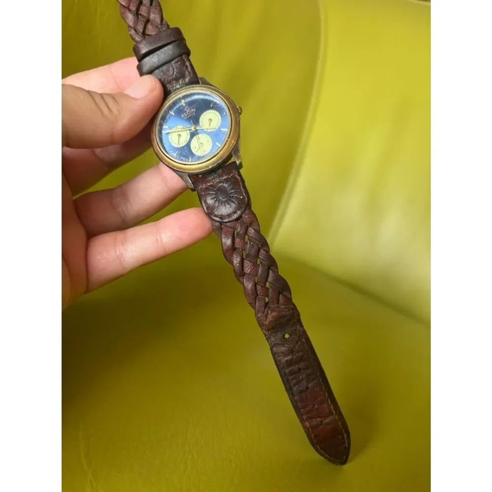 Vintage Elgin Quartz Watch Blue Dial Gold Tone Brown Leather Braided Band